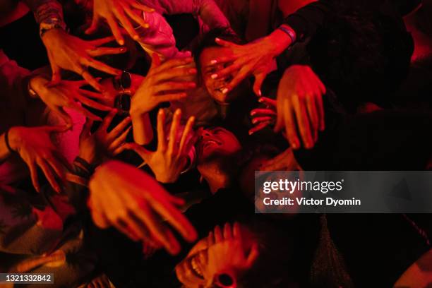 group of young happy people on the party - red hot summer party foto e immagini stock