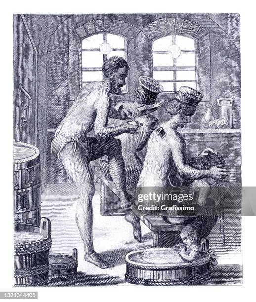 ilustrações, clipart, desenhos animados e ícones de cirurgião barbeiro cupping terapia em banho público século xvi - alternative therapy