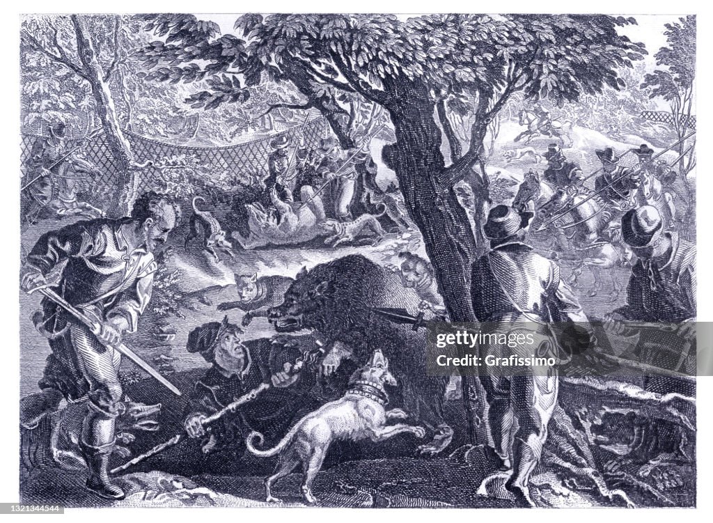 Men chasing wild boar at forest 16th century