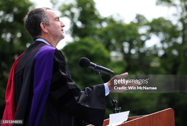 Virginia Governor Ralph Northam delivers remarks at George Mason High School's graduation ceremony June 2, 2021 in Falls Church, Virginia. Today...