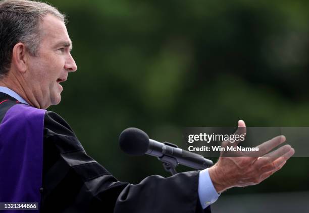 Virginia Governor Ralph Northam delivers remarks at George Mason High School's graduation ceremony June 2, 2021 in Falls Church, Virginia. Today...