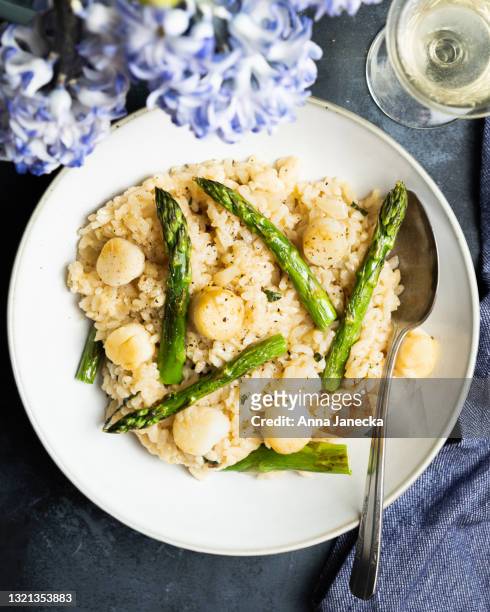 scallops risotto - parmesan cheese stock pictures, royalty-free photos & images
