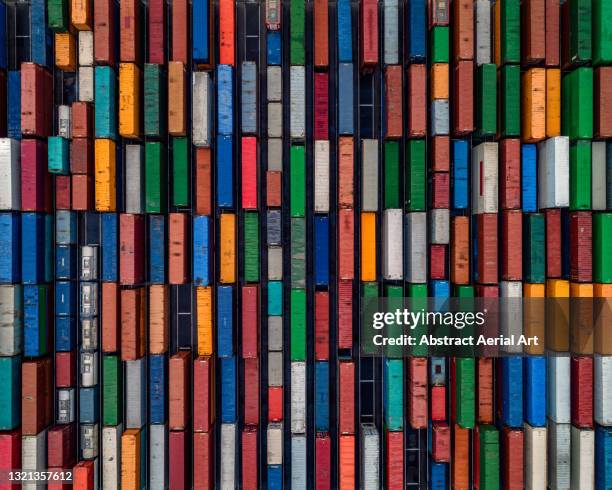 aerial shot directly above multi coloured shipping crates, france - containers harbour stock pictures, royalty-free photos & images