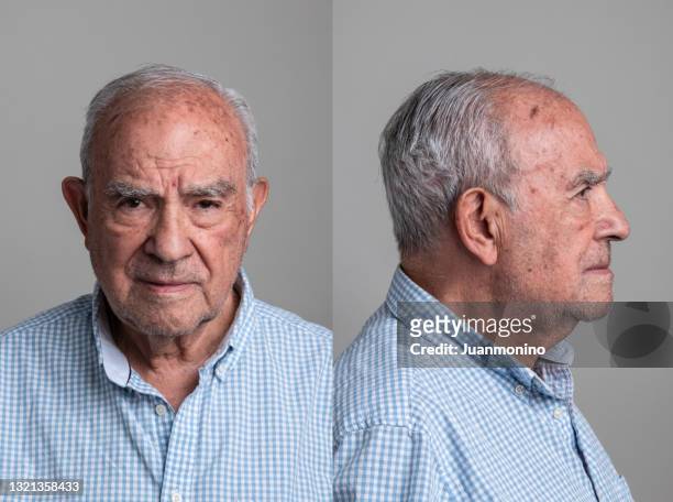 serious hispanic senior man front and profile mugshots - mug shot stock pictures, royalty-free photos & images