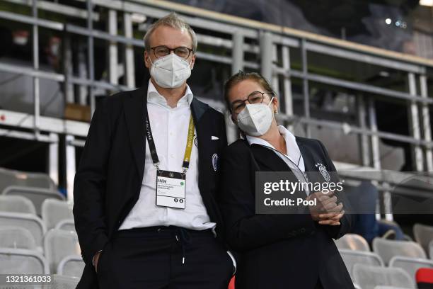 Peter Peters, Interim President of DFB and Heike Ullrich, Deputy General of DFB pose for a photograph prior to the international friendly match...