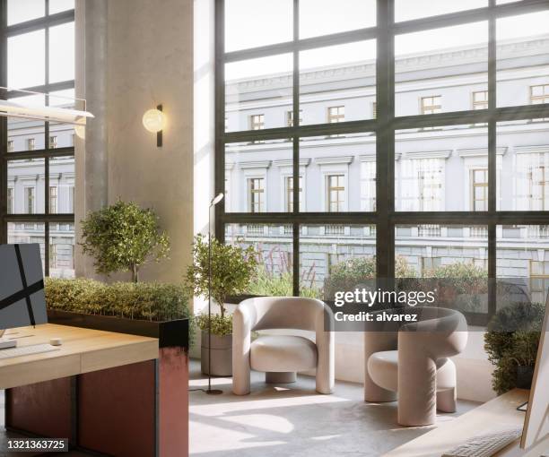 brightly lit modern office space in 3d render - armchair stock pictures, royalty-free photos & images
