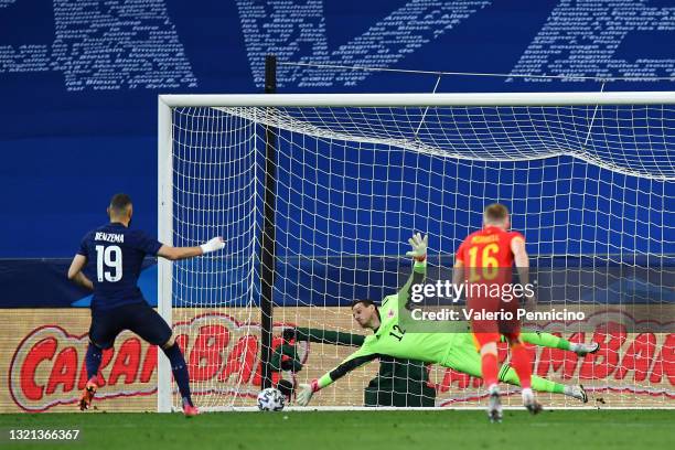 Karim Benzema of France has a penalty saved by Danny Ward of Wales during the international friendly match between France and Wales at Allianz...