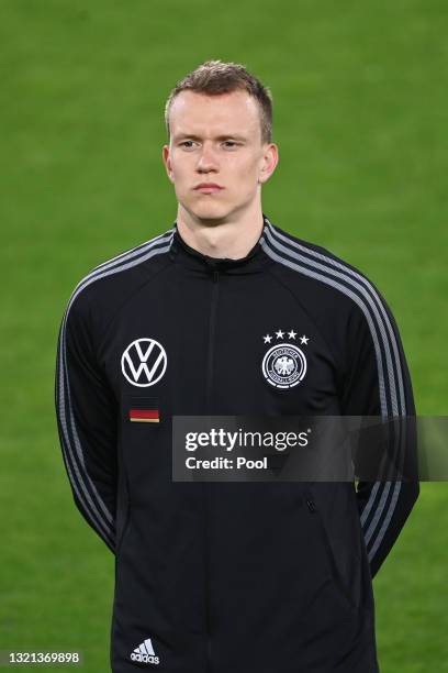 Lukas Klostermann of Germany looks on during the national anthem prior to the international friendly match between Germany and Denmark at Tivoli...