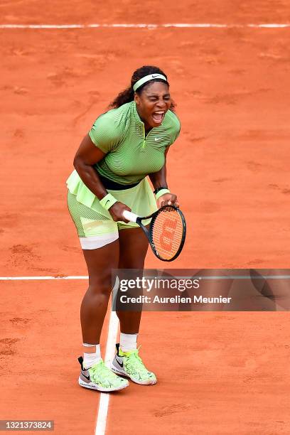 Serena Williams of the United States reacts during her women's second round match against Mihaela Buzarnescu of Romania during day four of the 2021...