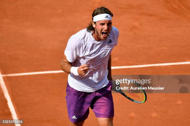 Stefanos Tsitsipas of Greece reacts during his mens second round match against Mario Vilella Martinez of Spain during day four of the 2021 French...