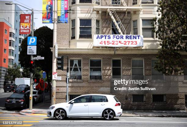 For rent" sign posted on the exterior of an apartment building on June 02, 2021 in San Francisco, California. After San Francisco rental prices...