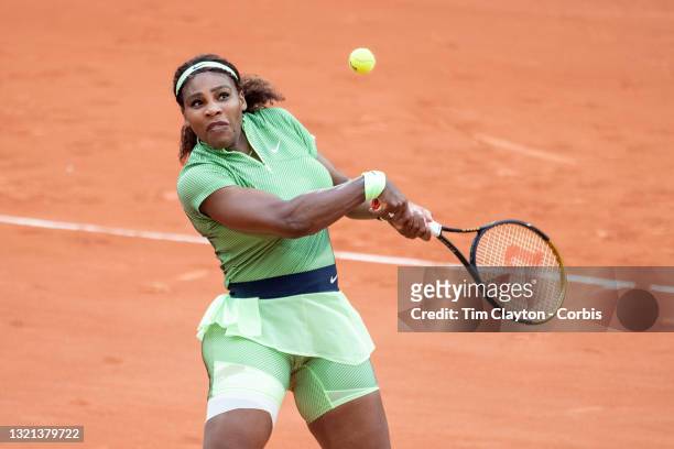 June 2. Serena Williams of the United States in action against Miahaela Buzarnescu of Romania on Court Philippe-Chatrier during the second round of...