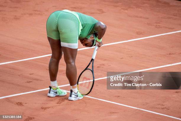 June 2. Serena Williams of the United States reacts during her match against Miahaela Buzarnescu of Romania on Court Philippe-Chatrier during the...