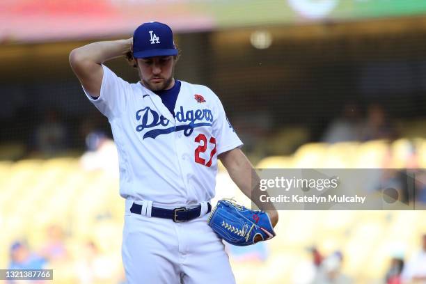 Trevor Bauer of the Los Angeles Dodgers stands on the mound during the first inning against the St. Louis Cardinals at Dodger Stadium on May 31, 2021...