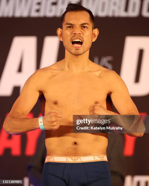 Nonito Donaire weighs in against Nordine Oubaali prior to their WBC World Bantamweight Championship bout at the Hyatt Regency Los Angeles...