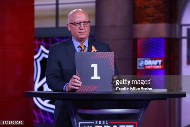 National Hockey League Deputy Commissioner Bill Daly announces draft position during the 2021 NHL Draft Lottery on June 02, 2021 at the NHL Network's...