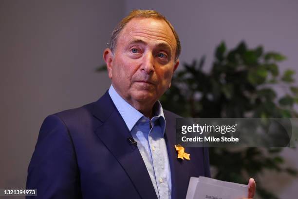 Commissioner of the National Hockey League Gary Bettman presides over the 2021 NHL Draft Lottery on June 02, 2021 at the NHL Network's studio in...