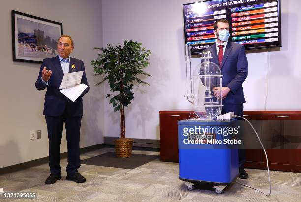 Commissioner of the National Hockey League Gary Bettman presides over the 2021 NHL Draft Lottery as Nicholas Markert of Smart Play International...