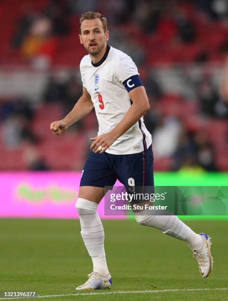England player Harry Kane in action during the international friendly match between England and Austria at Riverside Stadium on June 02, 2021 in...