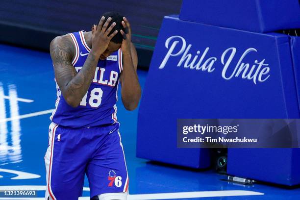 Shake Milton of the Philadelphia 76ers reacts to a call during the second quarter against the Washington Wizards during Game Five of the Eastern...