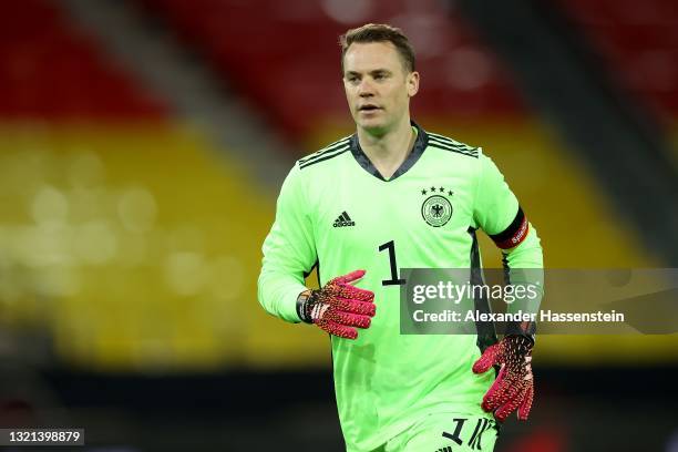 Manuel Neuer of Germany looks on during the international friendly match between Germany and Denmark at Tivoli Stadion on June 02, 2021 in Innsbruck,...