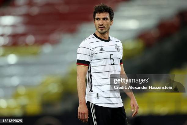 Mats Hummels of Germany looks on during the international friendly match between Germany and Denmark at Tivoli Stadion on June 02, 2021 in Innsbruck,...