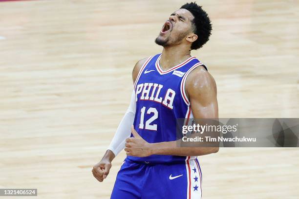 Tobias Harris of the Philadelphia 76ers celebrates during the fourth quarter against the Washington Wizards during Game Five of the Eastern...