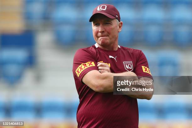 Coach Paul Green looks on during a Queensland Maroons State of Origin training session at Cbus Super Stadium on June 03, 2021 in Gold Coast,...
