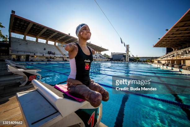 Brazilian para athlete swimmer Jessica Oliveira , known as "Jessyborg - the robot girl", poses for a photo after a training session at Vasco da Gama...