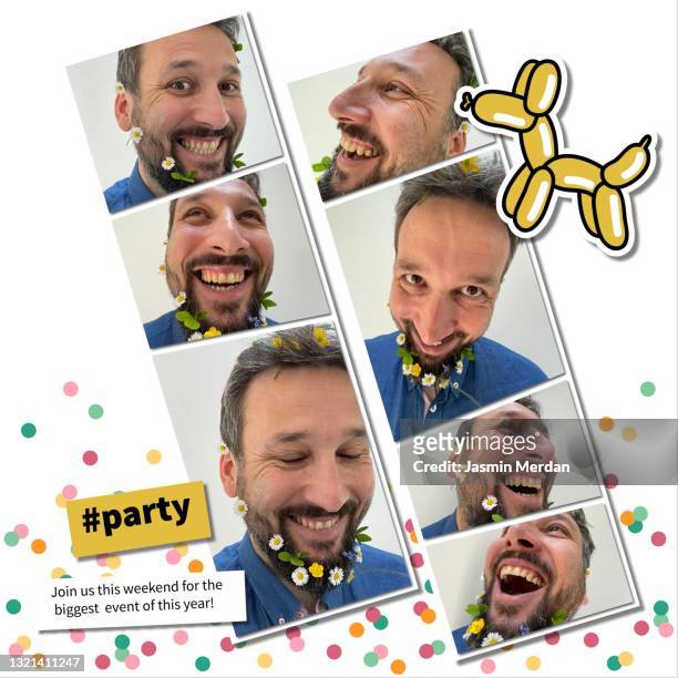 collage of excited man with flowers in beard - multiple image template stock pictures, royalty-free photos & images