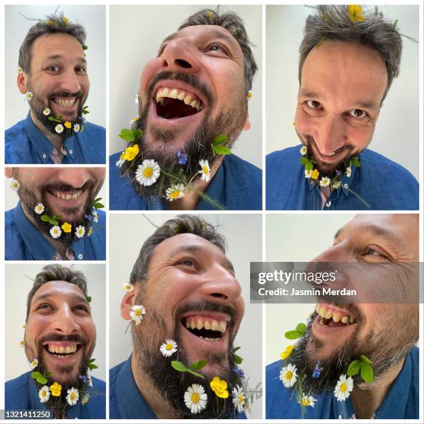collage of excited man with flowers in beard - multiple image template stock pictures, royalty-free photos & images