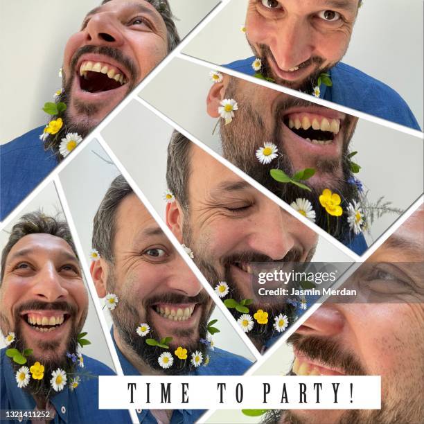 collage of excited man with flowers in beard - multiple image template stock pictures, royalty-free photos & images