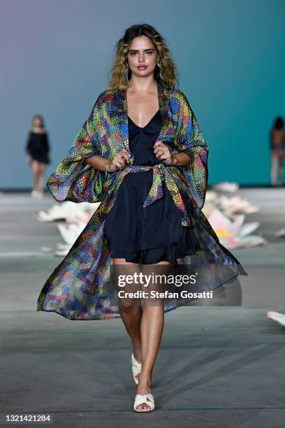 Model Samantha Harris walks the runway in a design by Kirrikin during the Indigenous Fashion Projects show during Afterpay Australian Fashion Week...