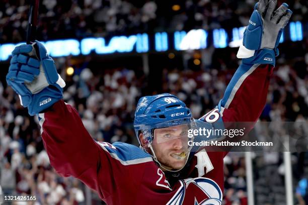 Mikko Rantanen of the Colorado Avalanche celebrates after scoring the winning goal against the Vegas Golden Knights during overtime in Game Two of...