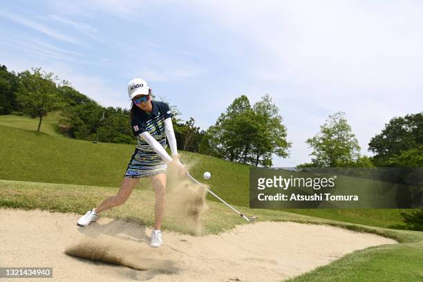 Yuka Yasuda hits out from a bunker on the 17th hole during the practice round ahead of Yonex Ladies at Yonex Country Club on June 3, 2021 in Nagaoka,...