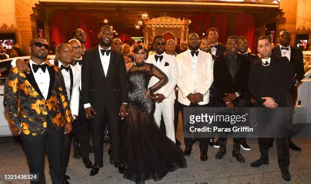 Ray J, 2 Chainz, Gucci Mane, Keyshia Kaoir, Sean "Diddy" Combs, and Pierre "Pee" Thomas pose with group during Black Tie Affair For Quality Control's...