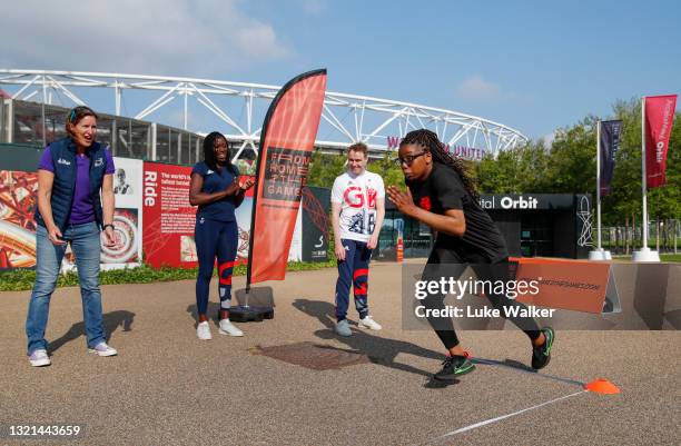 Dame Katherine Grainger, Olympian Christine Ohuruogu and Paralympian Ollie Hyndm encourage Badu Sports athlete during the media launch of From Home 2...