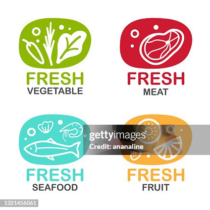 Fresh Food Sign Sticker Fresh Food Sign With Vegetable Meat Seafood And Fruit Vector Design ...