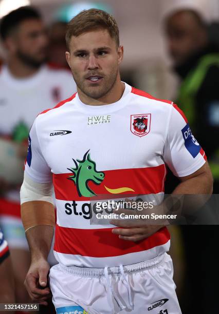 Jack De Belin of the Dragons runs out for the warm up prior to the round 13 NRL match between the St George Illawarra Dragons and the Brisbane...