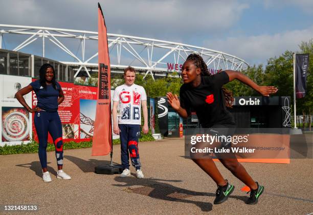 Olympian Christine Ohuruogu and Paralympian Ollie Hyndm encourage Badu Sports athlete during the media launch of From Home 2 the Games at Queen...