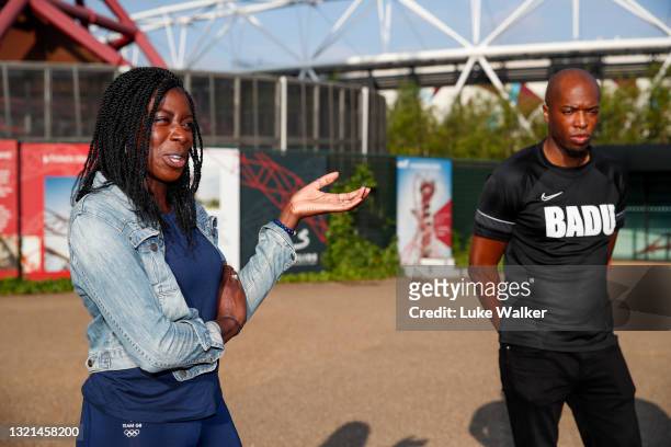 Olympian Christine Ohuruogu talks to Badu Sports athletes during the media launch of From Home 2 the Games at Queen Elizabeth Olympic Park on June...