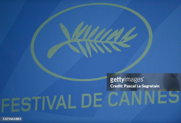 General view of the logo as Cannes Film Festival director Thierry Fremaux and President of the Cannes Film Festival Pierre Lescure speak during the...
