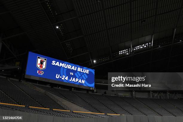 An empty stand is seen as the match is held behind closed doors prior to the friendly match between Japan and Japan U-24 at the Sapporo Dome on June...