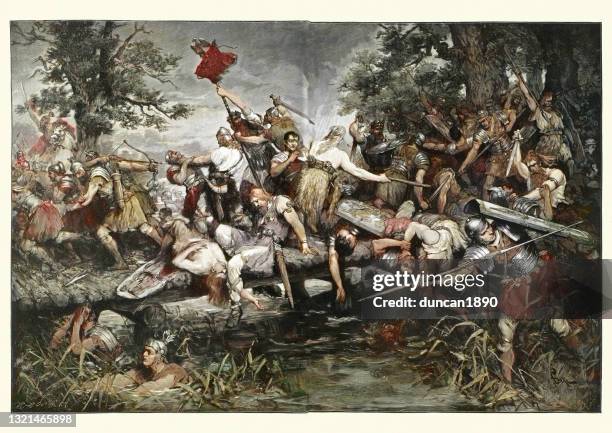 ilustrações de stock, clip art, desenhos animados e ícones de ancient roman soldiers fighting german warriors, fight during the retreat of germanicus - roma antiga