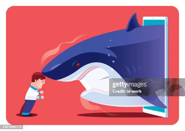 angry kid conflicting with big shark via smartphone - rebels v sharks stock illustrations