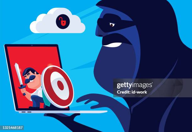 bewaffneter geschäftsmann verteidigt hacker mit entsperren cloud computing - computerhacker stock-grafiken, -clipart, -cartoons und -symbole