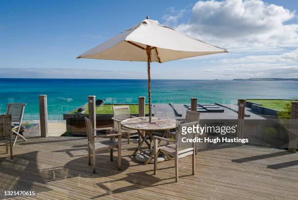 Table awaits customers on the terrace of the Carbis Bay Hotel, host venue for the G7 Summit conferences, on June 03, 2021 in Carbis Bay, Cornwall. On...