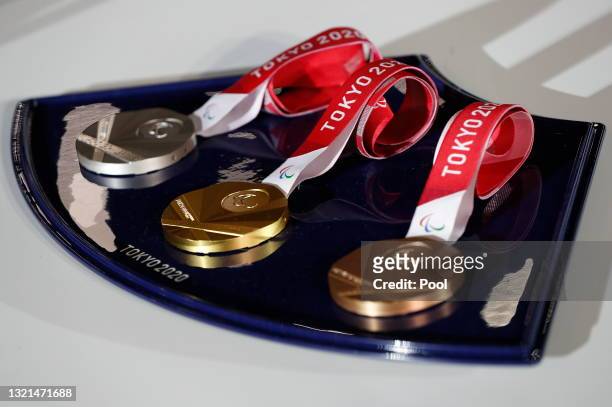Medal tray that will be used during the victory ceremonies at the Tokyo 2020 Olympic Games is displayed during an unveiling event for the victory...