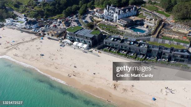 Aerial view of The Carbis Bay Estate hotel and beach, which is set to be the main venue for the upcoming G7 summit, is seen from a drone on June 2,...
