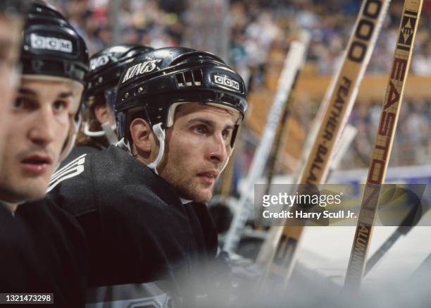 Tony Granato, Right Wing for the Los Angeles Kings looks on from the bench during the NHL Prince of Wales Conference, Adams Division game against the...